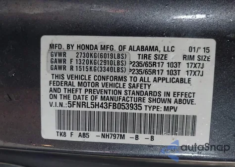 2015 Honda Odyssey Ex from USA, damaged, VIN 5FNRL5H43FB053935